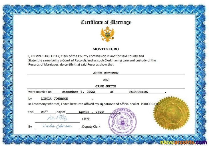 Montenegro marriage certificate